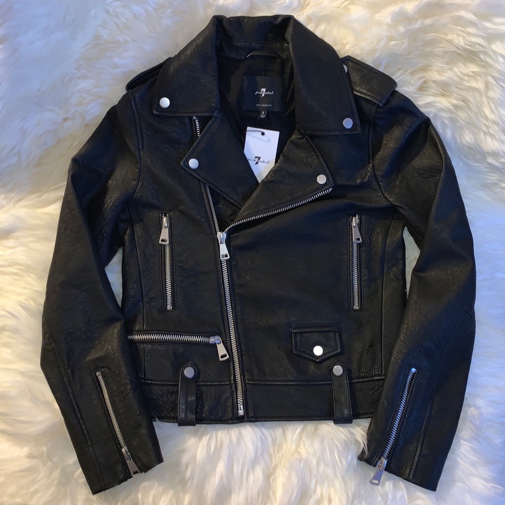 7 For All Mankind Black Leather Moto Jacket Size S - Picture 5 of 9
